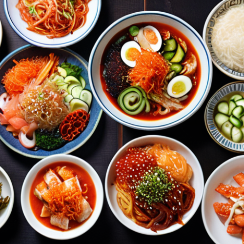 **Banchan Feast:** A vibrant table overflowing with an assortment of colorful banchan dishes. Include kimchi, pickled vegetables, and various small plates, emphasizing the variety and abundance. Focus on bright, appetizing colors and textures. Style: Food photography, high resolution.