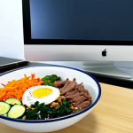 Bibimbap Bowl in a Spanish Office**

"A vibrant and colorful bowl of Bibimbap, featuring rice, assorted vegetables (carrots, spinach, zucchini), a perfectly cooked egg, and seasoned beef. The bowl sits on a modern desk in a bright, contemporary Spanish office setting. A fully clothed professional is subtly visible in the background, working at a computer. Safe for work, appropriate content, fully clothed, professional setting, perfect anatomy, correct proportions, natural pose, high quality."

**
