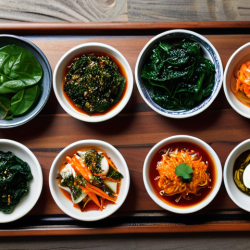 Modern Banchan Presentation**

"A beautifully arranged selection of banchan on a rustic wooden table, featuring kimchi, seasoned spinach, and pickled vegetables, served in small ceramic dishes, fully clothed, appropriate content, safe for work, professional food photography, natural lighting, shallow depth of field, emphasizing vibrant colors, high resolution, perfect anatomy, correct proportions, modest presentation."

**
