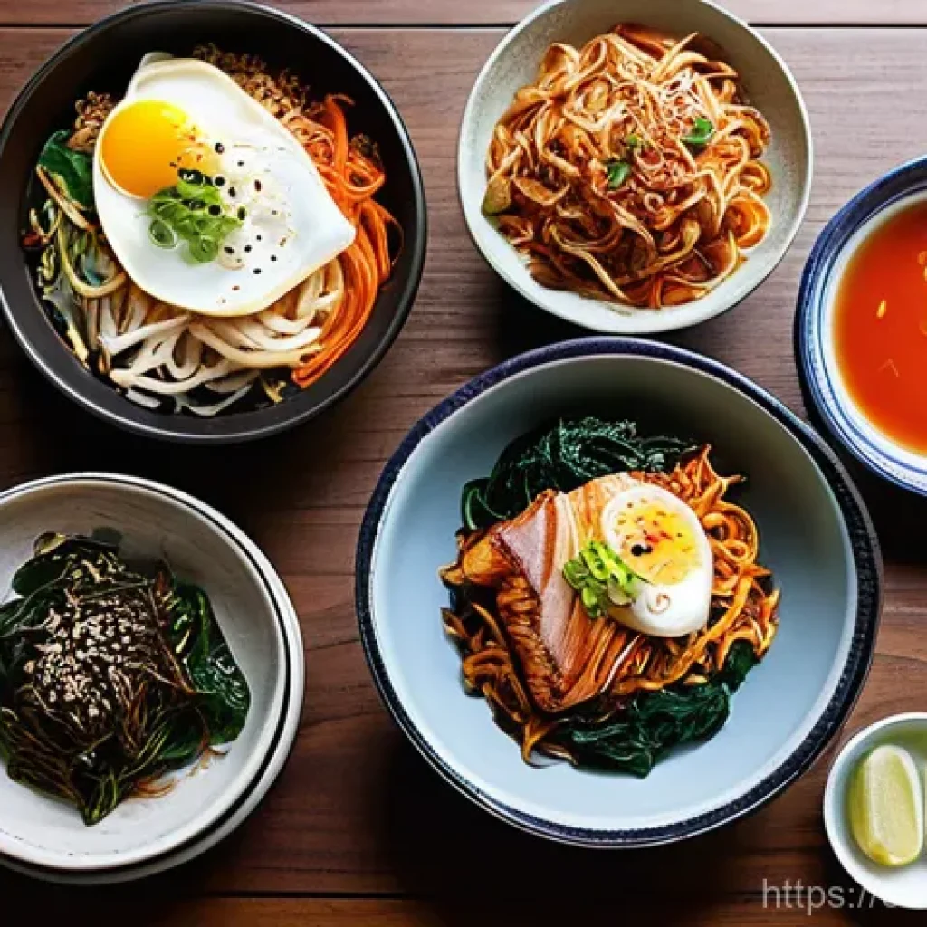 한식의 지역별 특색 - **Prompt:** A vibrant and inviting Korean dining table, meticulously set with a rich array of tradit...