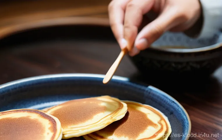 한식 디저트 밀키트 추천 - **Prompt:** "A close-up shot of freshly made Hotteok (Korean sweet pancakes) on a rustic wooden tabl...