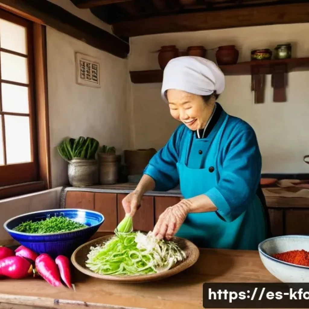 한식 요리의 발효과학 - **Prompt:** A vibrant and warm image depicting an elderly Korean woman, dressed in modest, practical...