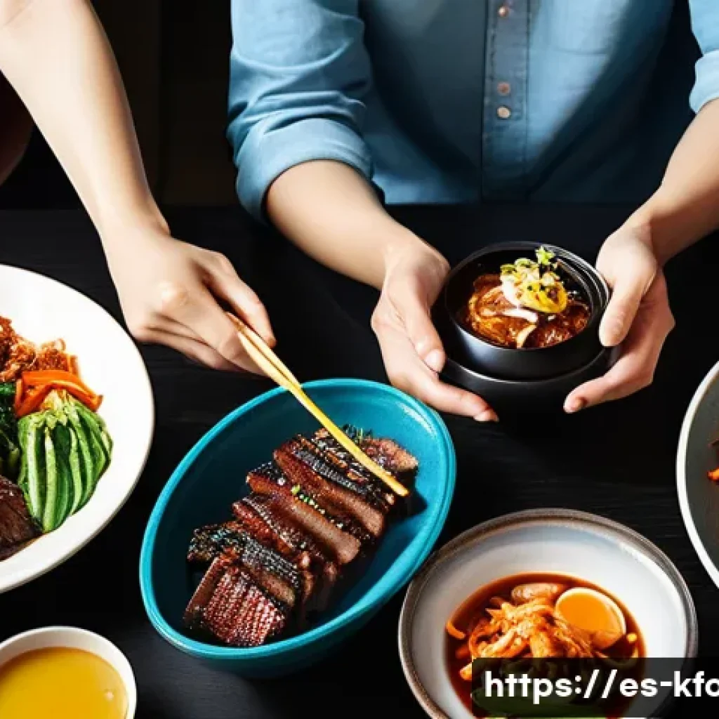 한식의 대중화 성공 전략 - A group of five diverse young adults, dressed in modern, stylish casual clothing, are joyfully shari...