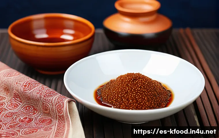 한식 장류 비교 된장 간장 고추장 - A rustic Korean kitchen scene showcasing traditional fermented condiments: a jar of thick, textured ...