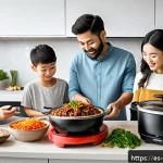 한식 밀키트 가격 비교 - A vibrant kitchen scene featuring a diverse Spanish family preparing a traditional Korean bulgogi me...