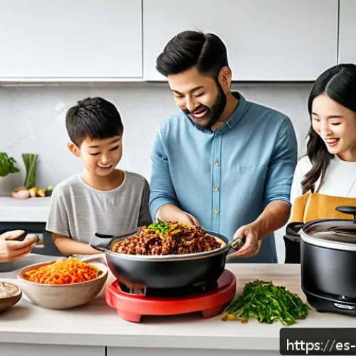 한식 밀키트 가격 비교 - A vibrant kitchen scene featuring a diverse Spanish family preparing a traditional Korean bulgogi me...