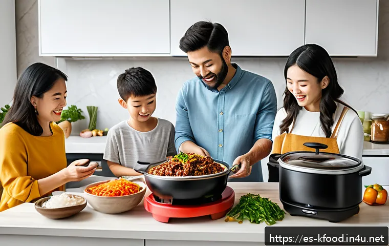 한식 밀키트 가격 비교 - A vibrant kitchen scene featuring a diverse Spanish family preparing a traditional Korean bulgogi me...