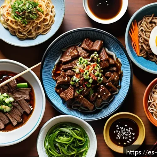 한식 해외 반응 - A vibrant and colorful Korean dining table set in a cozy Madrid apartment, featuring a variety of tr...
