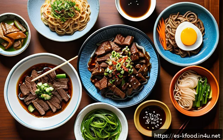 한식 해외 반응 - A vibrant and colorful Korean dining table set in a cozy Madrid apartment, featuring a variety of tr...
