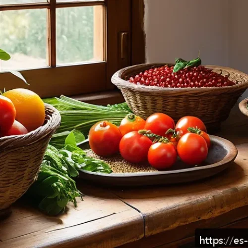 한식 유기농 식재료 추천 - A vibrant, rustic Spanish kitchen scene featuring a wooden table filled with fresh organic produce: ...