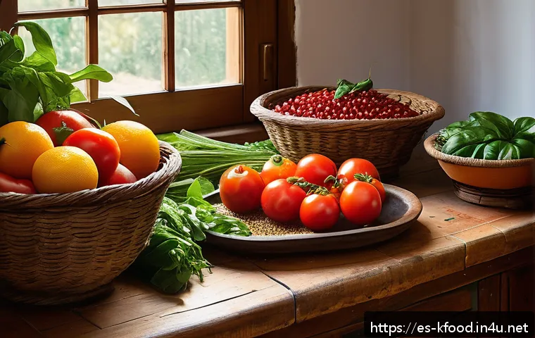 한식 유기농 식재료 추천 - A vibrant, rustic Spanish kitchen scene featuring a wooden table filled with fresh organic produce: ...