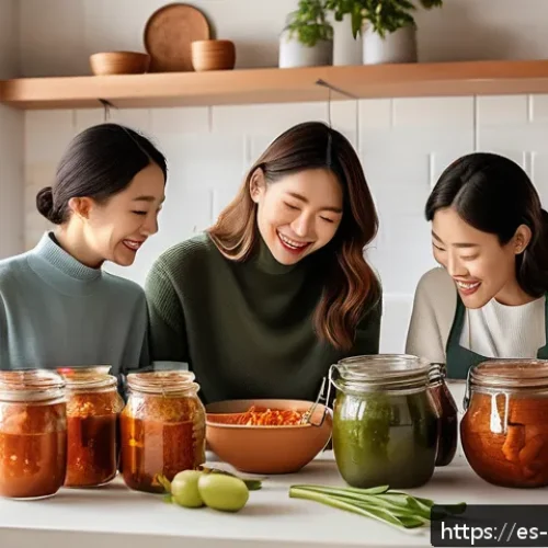 한식 프리미엄 밀키트 - A cozy modern kitchen scene featuring a diverse Spanish family&mdash;adults and children&mdash;joyfully preparin...