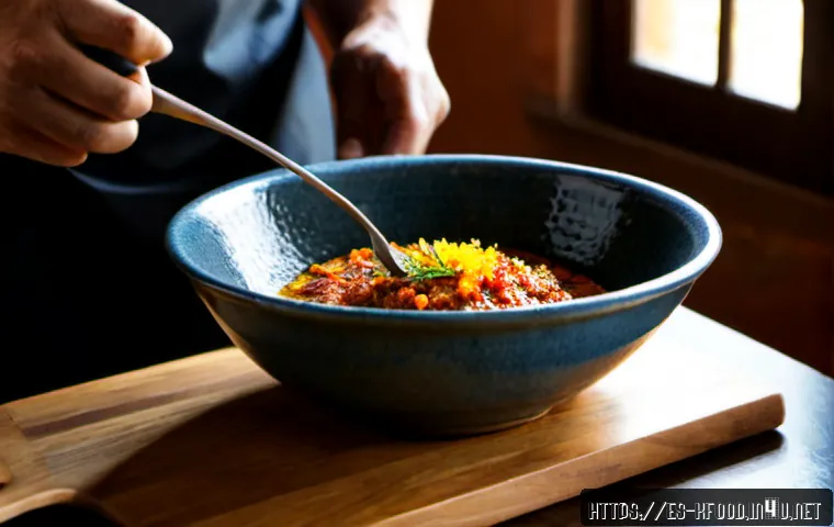 한식 고기구이 양념법 - Photorealistic Spanish home kitchen scene, close-up of a cook whisking a glossy meat marinade in a c...