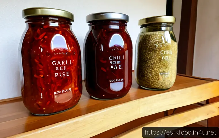 한식 고추장 제조사별 특징 - Photorealistic product comparison scene in a bright Spanish home kitchen, three unbranded glass jars...