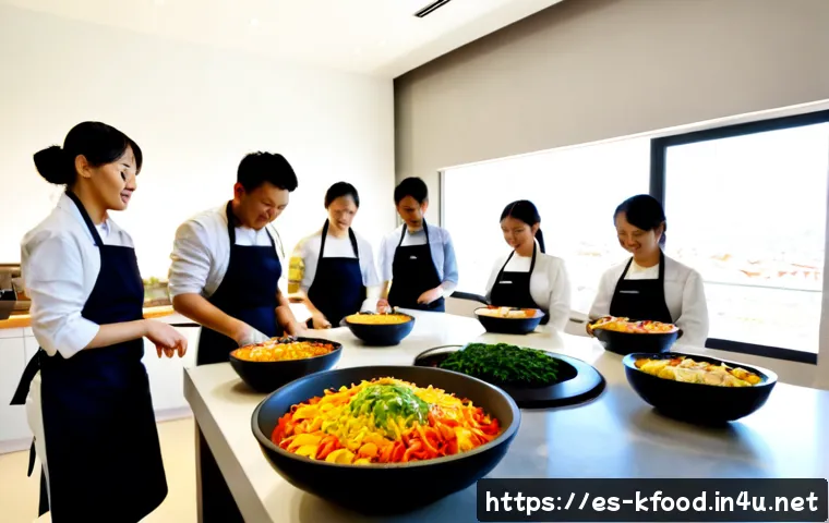 한식 쿠킹 클래스 추천 - Photorealistic Korean cooking class in a bright modern culinary studio in Madrid, Spanish adult stud...