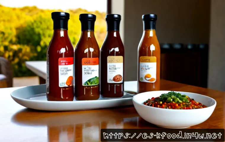 Home 17 한식 소스 제품 리뷰 - Photorealistic product review scene of assorted Korean-style cooking sauce bottles with completely b...
